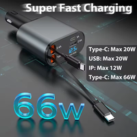 Chargeur de voiture rétractable rapide USB C, chargeur de voiture à charge rapide 66W, 2 câbles rétractables et adaptateur de chargeur de voiture avec port USB