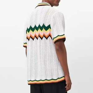 <span class=keywords><strong>Cardigan</strong></span> d'été à manches courtes pour hommes, polo boutonné 100% coton avec logo personnalisé, motif rayé, <span class=keywords><strong>maille</strong></span> fine en crochet - Product Image 2