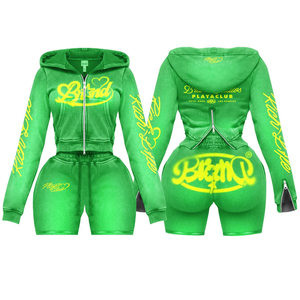 Conjunto de Sudadera Corta y Pantalones Cortos Verdes para Mujer, Transpirable, de Forro Polar Ecológico, con Cremallera de Manga Larga, Estampado de Encaje, 2 Piezas, Poliéster y Algodón - Product Image 6