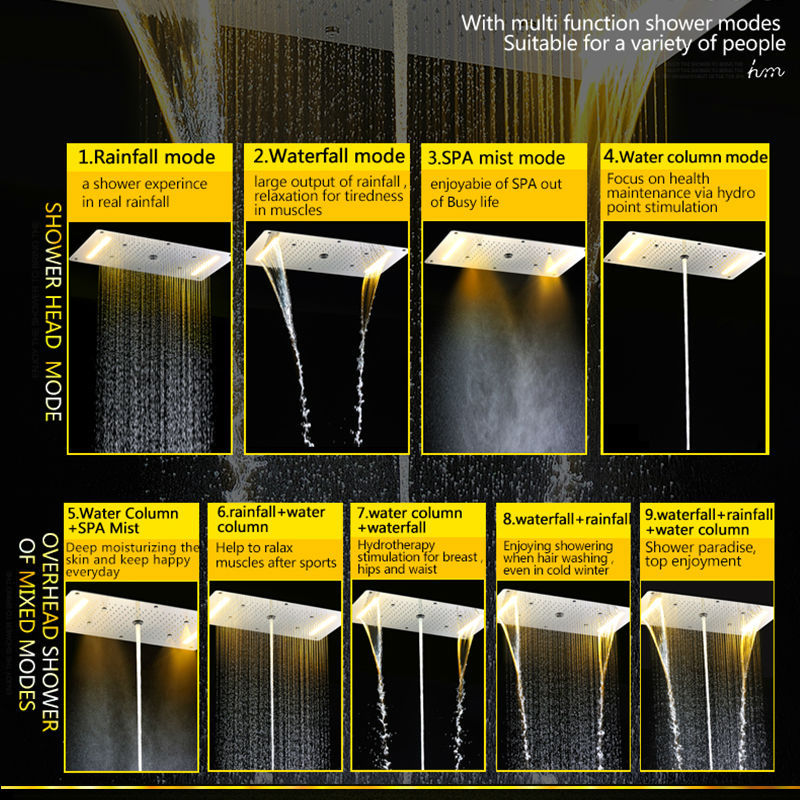 Chaud et froid LED douche 304 SUS plafond grand ensemble de douche de pluie, cascade, colonne brouillard