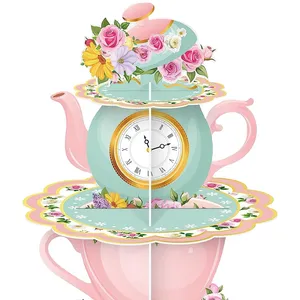 Reloj creativo con tetera de flores, soporte para cupcakes, soporte para cupcakes de cartón de tres niveles, bandeja grande para servir pasteles