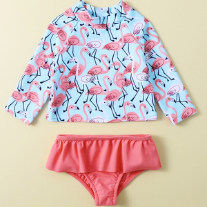 Vêtements de protection <span class=keywords><strong>UV</strong></span> pour bébé, hauts à manches longues imprimés flamant rose pour fille, bas à volants, maillot de bain personnalisé, maillots de bain pour enfants, bikinis, vêtements de plage - Product Image 5