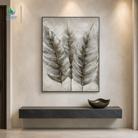 Peinture sur toile moderne à texture de feuilles, gris et blanc, peinture botanique avec accents dorés, peintures murales