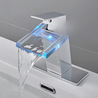 Robinet cascade LED chromé à poignée unique avec capteur tactile, installation monotrou, eau chaude/froide, cartouche céramique, pour lavabo