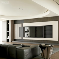 Meuble TV mural de luxe moderne sur mesure avec foyer intégré, éclairage LED et armoires de rangement sans poignées pour salon