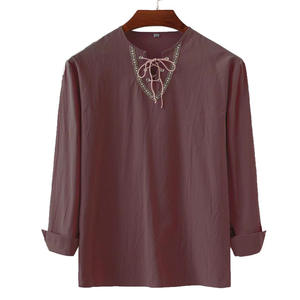 Camisa de <span class=keywords><strong>Hombre</strong></span> de Manga Larga con Cuello Alto, Estilo Informal, Color Sólido, con Cordón Ajustable, de Algodón y Lino - Product Image 6