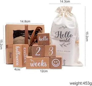 Baby Shower Gift Solid Wood Pine Milestone Blocks 6-piece Numbers English Squares Age Photo Blocks