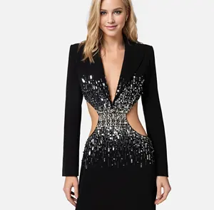 Fashion Sexy Hollow-Out Bodycon Women Party Dress Long Sleeve Rhinestone Elegant V-Neck Waist Slimming Sequin Lady Dress