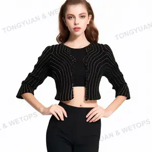 Produsen Pakaian Kustom 2023 Sweter Rajut Kardigan Bolero Depan Terbuka Dipotong Lengan 3/4 Wanita