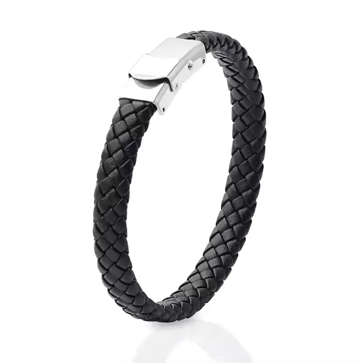 Pulsera Bán Buôn Tùy Chỉnh Thép Không Gỉ Clasp Da Bọc Vòng Đeo Tay Mens Đen Bện Chính Hãng Vòng Đeo Tay Bằng Da