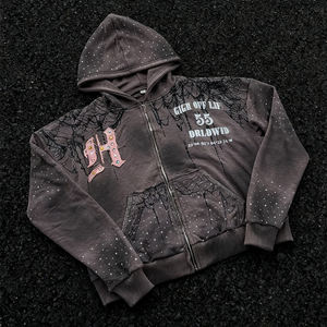 Pria Vintage Distressed Spider Web berlian imitasi grafis Zip-Up <span class=keywords><strong>Hoodie</strong></span> Streetwear kasual pas artistik 100% katun - Product Image 1