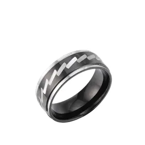 Gigi Desain Modern Art 8mm Perak Hitam Stainless Steel Mens Cincin Band, Kustom Stainless Steel Bermakna Stempel Cincin