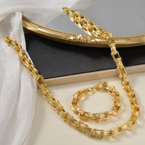 unisex bulk wholesale gold plated stainless steel hollow rectangular carved wide polished <b>matching</b> necklace set <b>bracelets</b> - Product Image 4