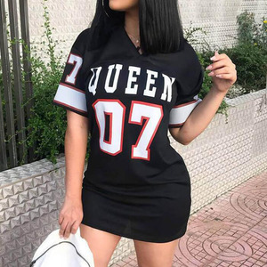 Vestido corto de verano para mujer al por mayor, estilo hip hop, con estampado, camiseta larga, cuello en <span class=keywords><strong>V</strong></span>, sexy, mini vestido holgado para mujer - Product Image 4