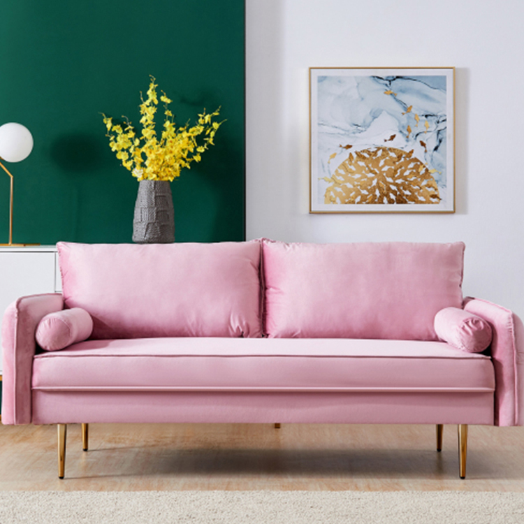 Hot Selling 2 Zits Sofa Woonkamer Meubels Moderne Roze Fluwelen Sofa Stof Loveseat Met Gouden Metalen Poot