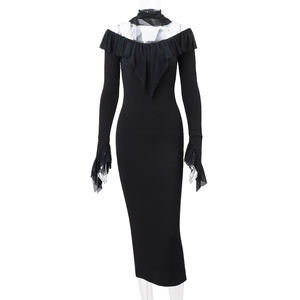 Robe moulante mince noire de printemps décontractée pour femmes avec conception à épaules dénudées à manches longues à volants Style <span class=keywords><strong>mature</strong></span> Aura dominatrice - Product Image 3