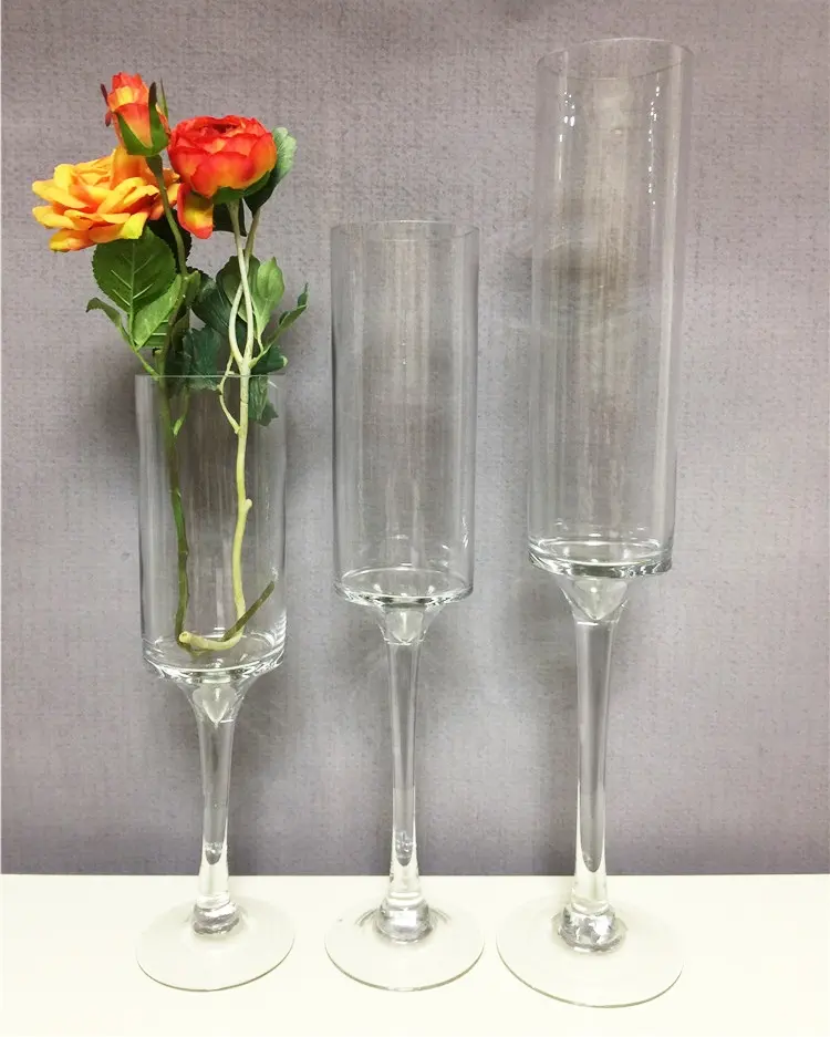 أكواب زجاجية شفافة طويلة بيع بالجملة حامل شموع قطعة مركزية لتزيين الطاولات في حفلات الزفاف