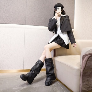 Women's Genuine Leather <b>Knee</b>-<b>High</b> Platform Boots with Chunky Heel Slip-On Comfortable Slip Resistant Height Increasing - Product Image 6