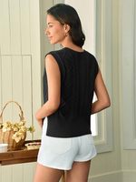 Gilet pour femme col en V sans manches tricot solide décontracté côtelé Preppy pullover hauts