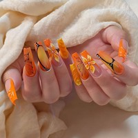 Kuku Palsu Gel Buatan Tangan Motif Buah Citrus Lukisan Tangan untuk Liburan Musim Panas, Bentuk Almond Sedang, Warna Oranye Cerah Pink