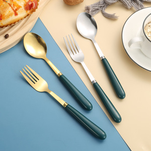 Dark Green And Gold Spoons And Forks Stainless Steel Household <b>Dessert</b> Flatware Party Use - Product Image 1