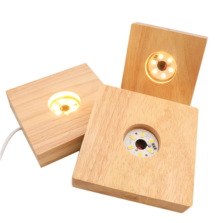 L'usine produit directement une base de lumière led en bois carré de haute qualité au support de lampe en cristal base de lampe en bois