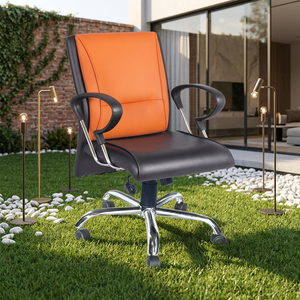 Chaise de bureau exécutive ergonomique moderne en cuir avec base chromée, accoudoirs fixes, dossier rembourré orange-noir LABYCARE - Product Image 4