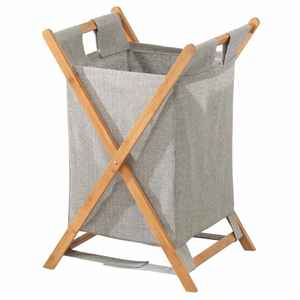 Panier à linge en bois de bambou, chariot de tri, portable et pliable, panier à linge pliable avec doublure amovible en poly/coton - Product Image 1
