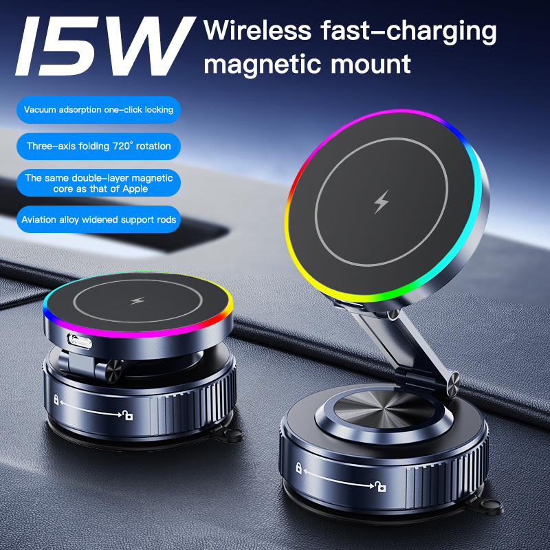 Alex K5S 15W RGB Magnetic Vacuum Suction Cup Car Wireless Charger Holder | Dashboard Mount