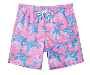 Short de bain pour homme en tissu tissé imperméable, imprimé floral tortue rose, sportif, avec logo frontal, respirant, cordon de serrage et taille élastique - Product Image 1