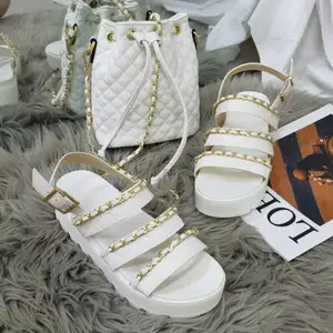 35-43 large size ladies' sandal summer thick soles women's shoes metal chain buckle belt middle heel sandal matching handbag