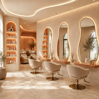 Juego Completo de Equipamiento para Salón de Belleza en Color Crema Cálido con Iluminación LED, Incluye Base y Silla de Estilismo