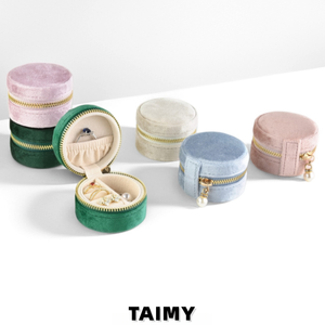 Wholesale Mini Round Velvet Zipper Jewelry <strong>Box</strong> Portable Travel Ring Earring Storage Case Custom Logo Jewelry Gift Packaging <strong>Box</strong> - Product Image 1