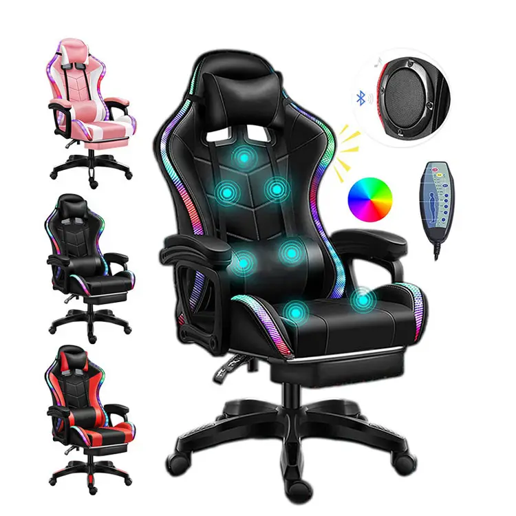 เก้าอี้ทำงานสำหรับนักเล่นเกม,เก้าอี้เล่นเกม RGB Pu หนัง Oficina หมุนได้สบายตามหลักสรีรศาสตร์เก้าอี้เล่นเกม LED Sillas