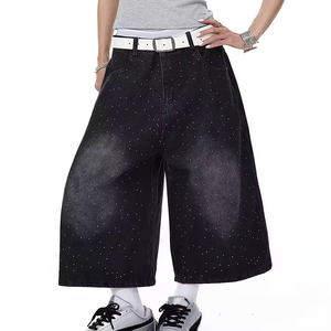 Shorts en <span class=keywords><strong>jean</strong></span> personnalisés pour femmes, shorts en <span class=keywords><strong>jean</strong></span> décontractés avec strass pour femmes, pantalons <span class=keywords><strong>mi</strong></span>-jeans amples - Product Image 1