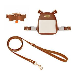 Kekang lucu dengan ransel kulit polos, Set kerah dan tali anjing peliharaan kecil aksesori berjalan - Product Image 1