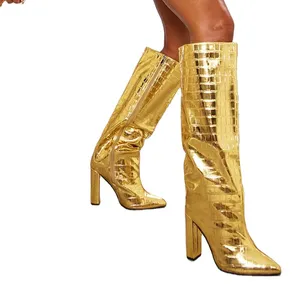 Ubililia时尚高跟鞋女士OEM ODM块厚实高跟鞋及膝高筒靴适合女性西式尖头金属靴子
