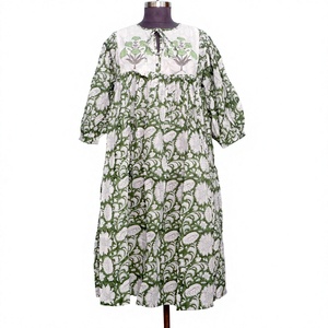 Robe midi en coton à imprimé floral pour femmes, coupe ample, col noué, manches bouffantes, tenue décontractée pour tous les jours, tissu respirant - Product Image 1