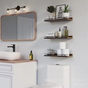 Wooden <b>floating</b> <b>shelf</b> with black metal railing <b>wall</b> decoration <b>shelf</b> for bathroom toiletries and toilet paper storage - Product Image 2