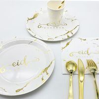 Décoration de l'Aïd musulman : Gobelets dorés, serviettes jetables, vaisselle de Ramadan et Omra, assiettes en papier marbré doré Eid Mubarak