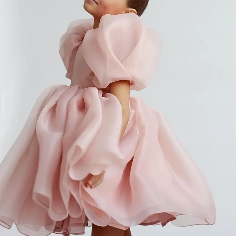 Fashion Girl Princess Vintage Dress Tulle Kid Vestido Puff Sleeve Pink Wedding Party Birthday dress for kids girl 1-10Y