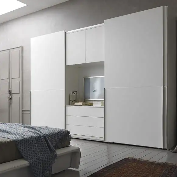 White lacquer wardrobe with TV space cabinet new design for bedroom furniture