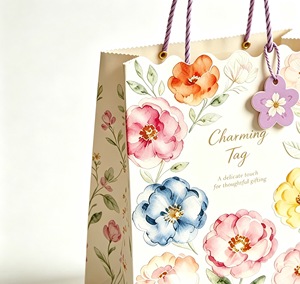 wholesale custom paper packaging shopping <b>bags</b> Elegant watercolor flower gift <b>bag</b> with scalloped edge present packing gift <b>bag</b> - Product Image 4