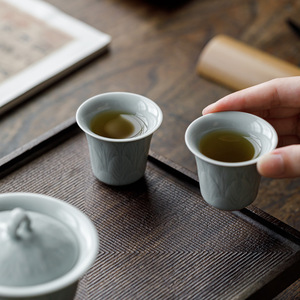 Guanlan Sky Blue Ru Kiln Small <b>Teacup</b> Ceramic Relief Design Tasting Cup Kung Fu Tea Set - Product Image 3