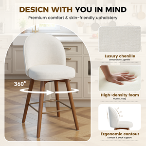 Steady Swivel Counter Height Bar Stool with Wood Legs Adjustable Footpads Chenille Upholstery for Home Bar and Kitchen Island - Product Image 4