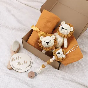 Bebê recém-nascido orgânico Shower Gift Set caixa De Madeira Rattle Crochet Chupeta Clipe Gift Set