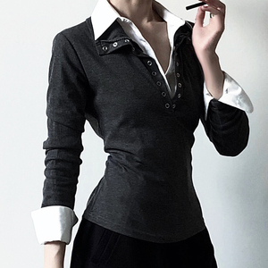 Camiseta de manga larga con cuello de solapa y costuras en contraste de estilo minimalista y moderno, ajustada y versátil. - Product Image 3