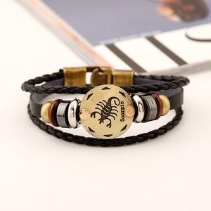 Bracelet en cuir 12 signes du zodiaque pour femme et homme, style vintage rétro, bijoux cadeaux, Leo Cancer Aries, signe du zodiaque pour couple - Product Image 1
