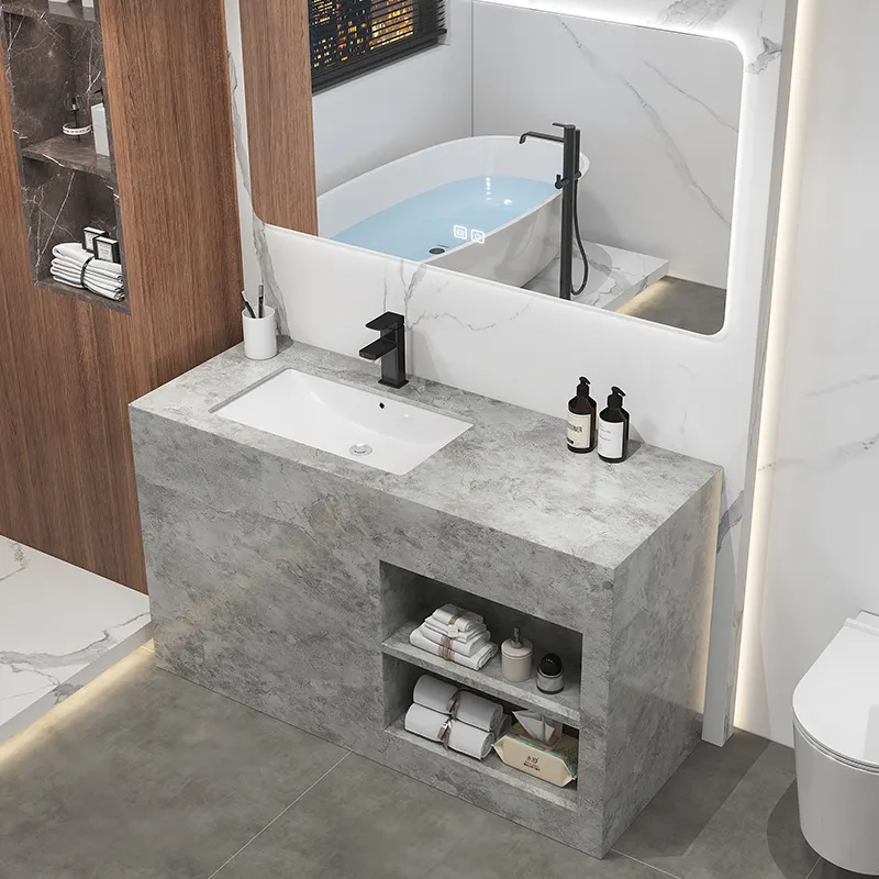 Prezzo a buon mercato pavimento montato in marmo lavabo Set bagno vanità con specchio Led