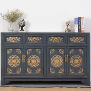 Madia Premium Grigia Effetto Invecchiato con Motivi Auspicali Dorati Dipinti a Mano, Maniglie in Ottone, <span class=keywords><strong>Mobile</strong></span> Contenitore Multifunzione per Ingresso - Product Image 1